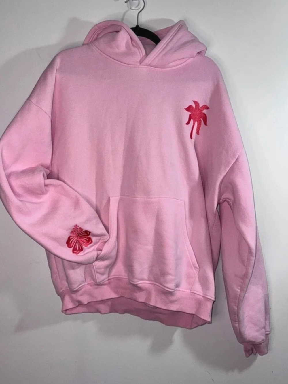 Pink Palm Puff XL Everything Comes in Waves Pink Embroidered Surf Hoodie